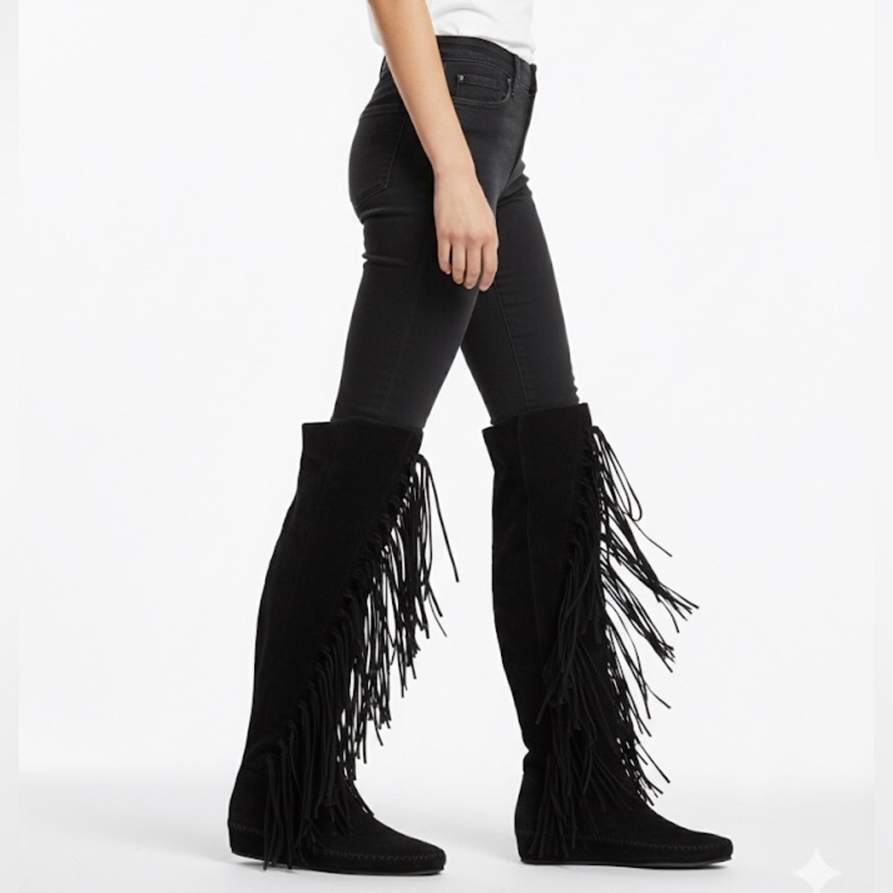 Nib Etro Suede Fringe Over The Knee Moccasin Boot Black Sz 36